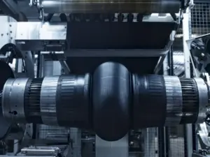 Équipement de fabrication de pneus dans un environnement industriel.