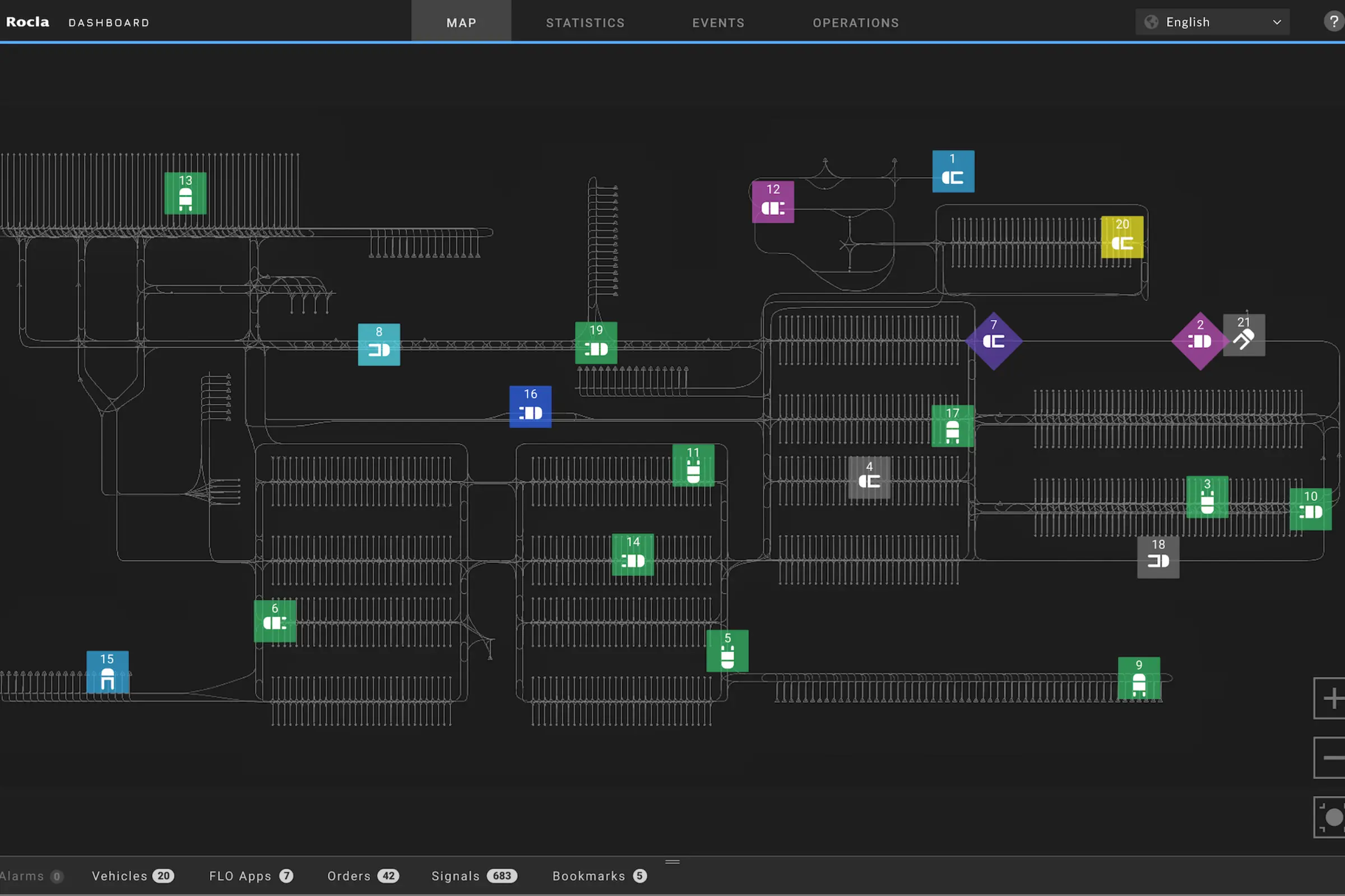 Vue du logiciel FleetController montrant l'intégration des équipements et des flux au sein d'une installation logistique.