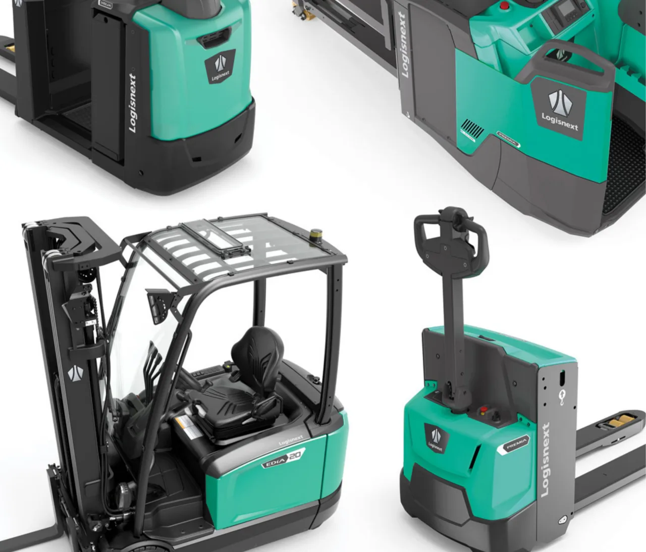 Gamme de chariots Logisnext Forklifts illustrant la nouvelle identité de marque et les solutions de manutention du groupe